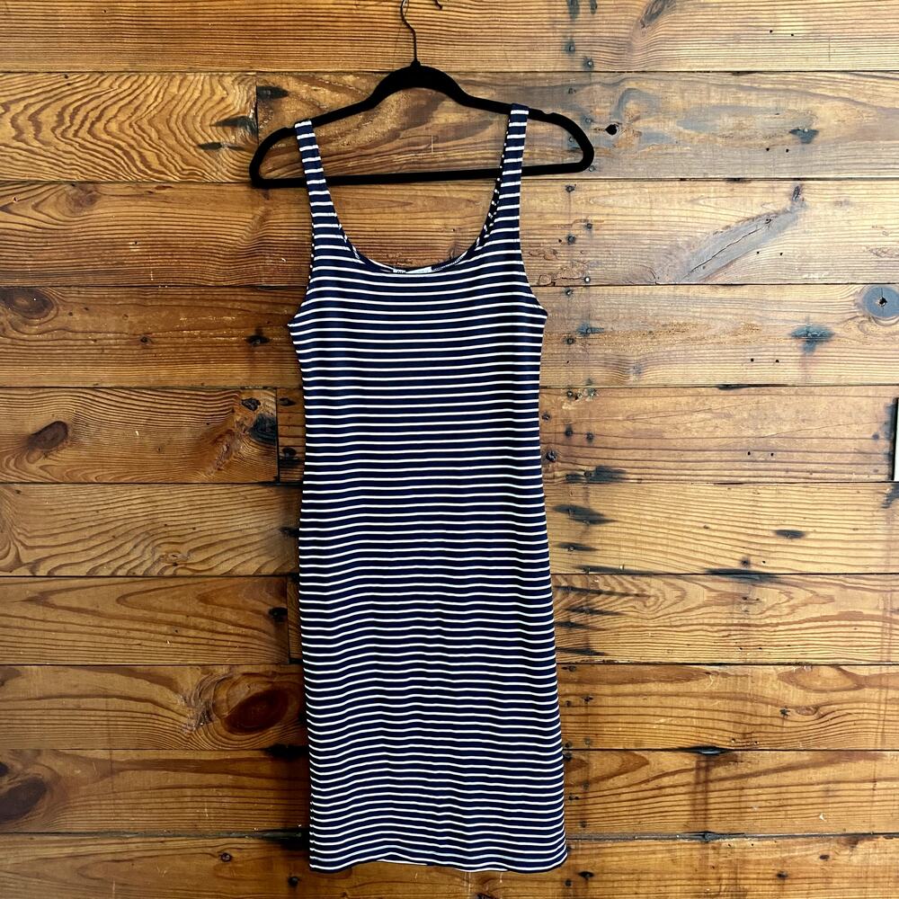 Zara Navy and White Striped Bodycon Dress with Scoop Neck size Large